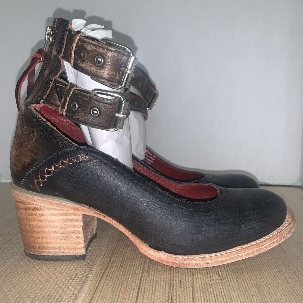 FREEBIRD CANDELLA Blue/Brown Handcrafted Leather Ankle Strap Heels Womens 8 Boho